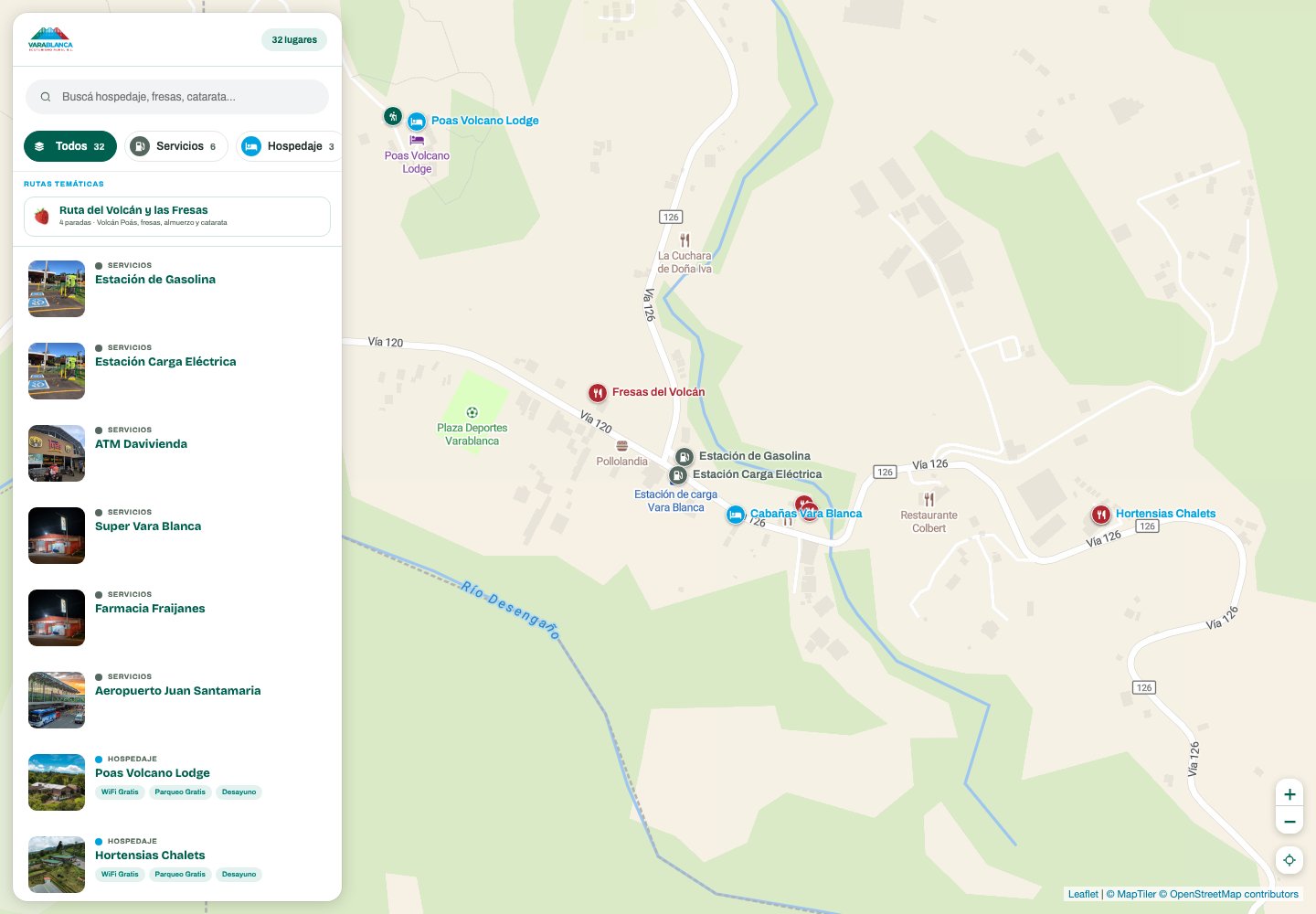 Mapa interactivo de Vara Blanca Ecoturismo con marcadores de servicios y hospedaje